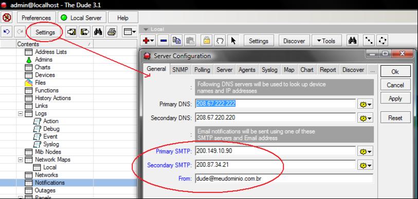 Notificação por e-mail ou SMS. Primeiro é necessário configurar o DUDE para ter acesso a um Servidor SMTP. Detalhe importante, o servidor smtp não pode ter autenticação.