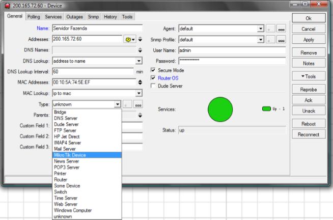 Depois esolha o tipo da sua Device, nesse caso é um Mikrotik Device, pois tem o routeros instalado.