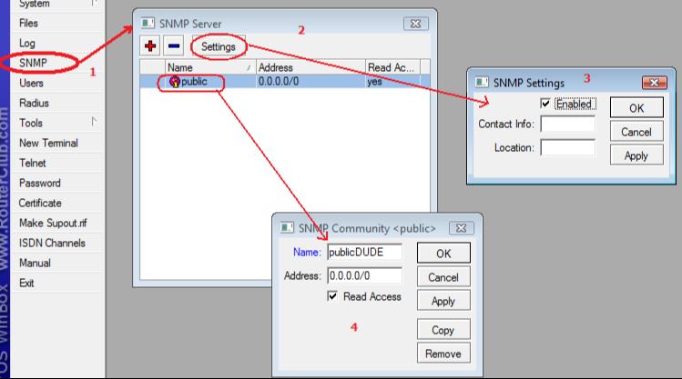 Abra o WinBox e entre no seu equipamento. Clique na aba SNMP, em seguida em Settings. Habilite o SNMP marcando o Enable da caixa 3.