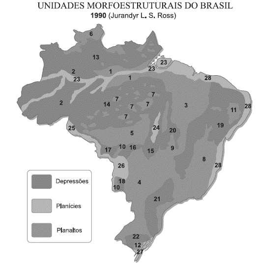 a) Depressão Periférica da Borda Leste da Bacia do Paraná, formação sedimentar paleozoica antiga, com terrenos ondulados, morros testemunhos e cuestas basálticas.