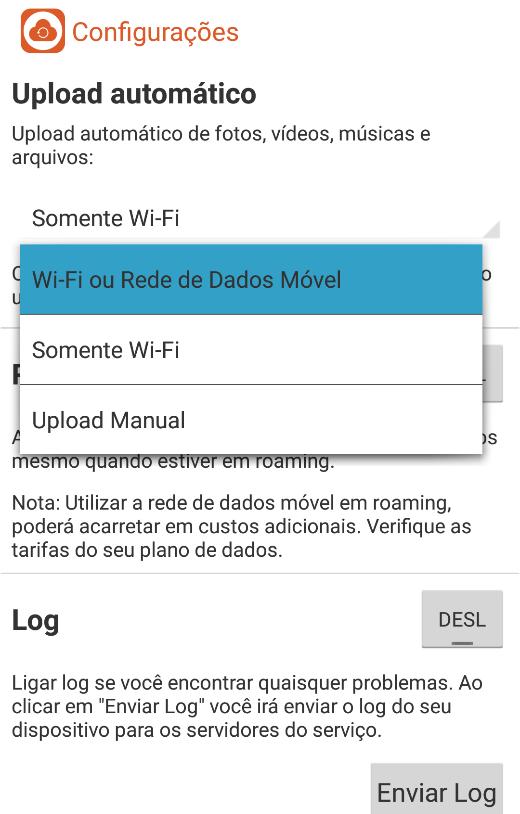 3.9 Configurações Nessa opção o aplicativo permite configurar a sincronização de Imagens, Videos, Músicas, Arquivos, Contatos e Calendário.