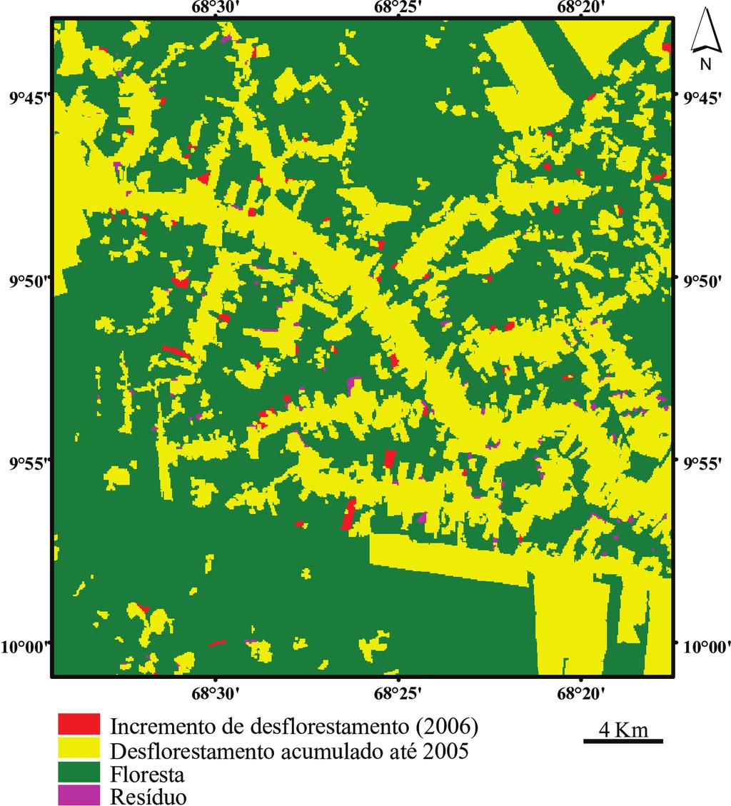 realizadas. O mapa de de 2006 (referente à cena TM/Landsat 002/67) produzido no projeto PRODES foi adotado como dado de referência (Figura 2).