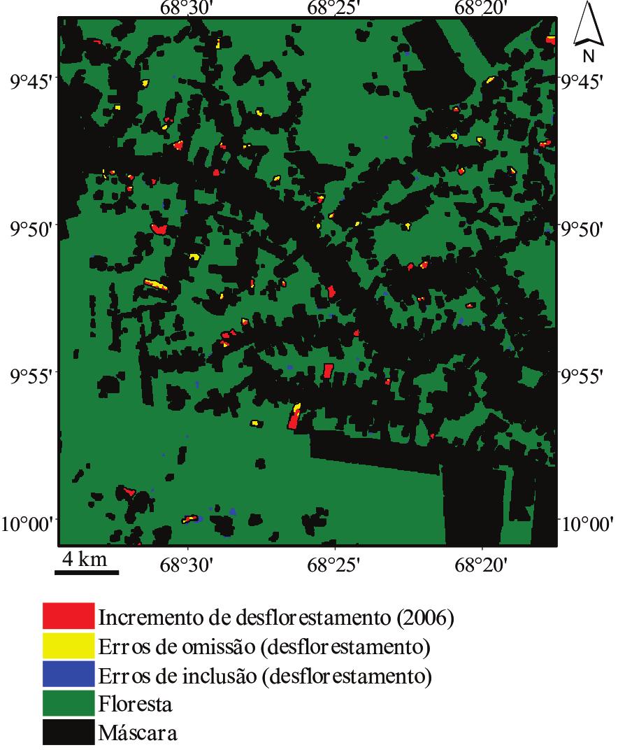 Tabela 3 - Matriz de confusão da classificação realizada com a polarização HH. E.I. significa erros de inclusão; E.O. significa erros de omissão; A.U. significa acurácia do usuário e A.P.