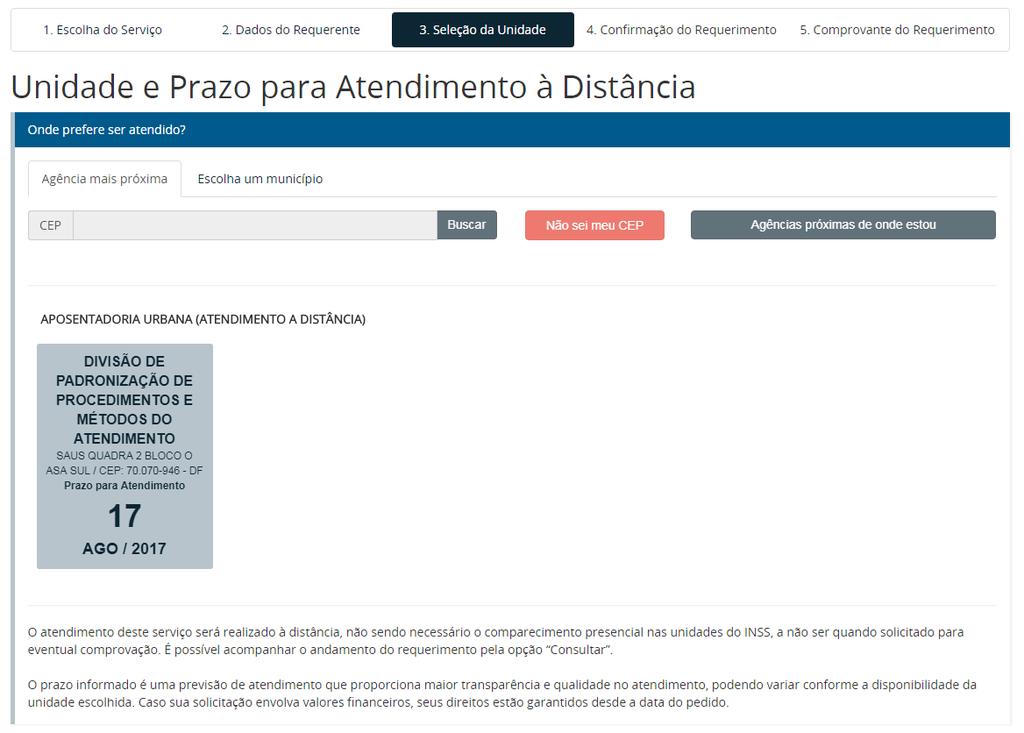 A entidade deve selecionar a Unidade para envio do requerimento.