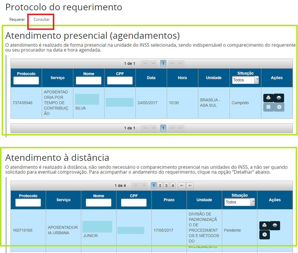 Na mesma página que a Entidade usa para efetuar o requerimento é possível consultar todos os requerimentos criados, para isso