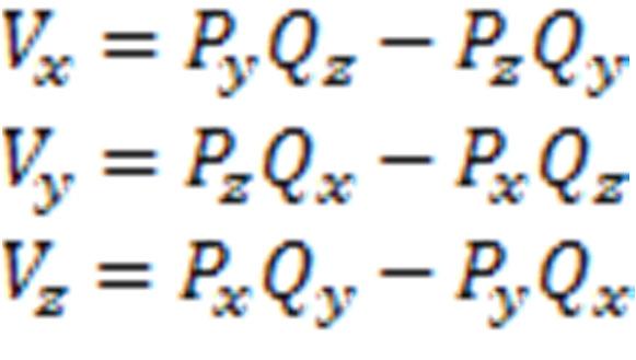 COMPONENTES CARTESIANAS As componentes cartesianas do produto vetorial V de dois vetores P e Q podem ser descritas por: Aplicando a