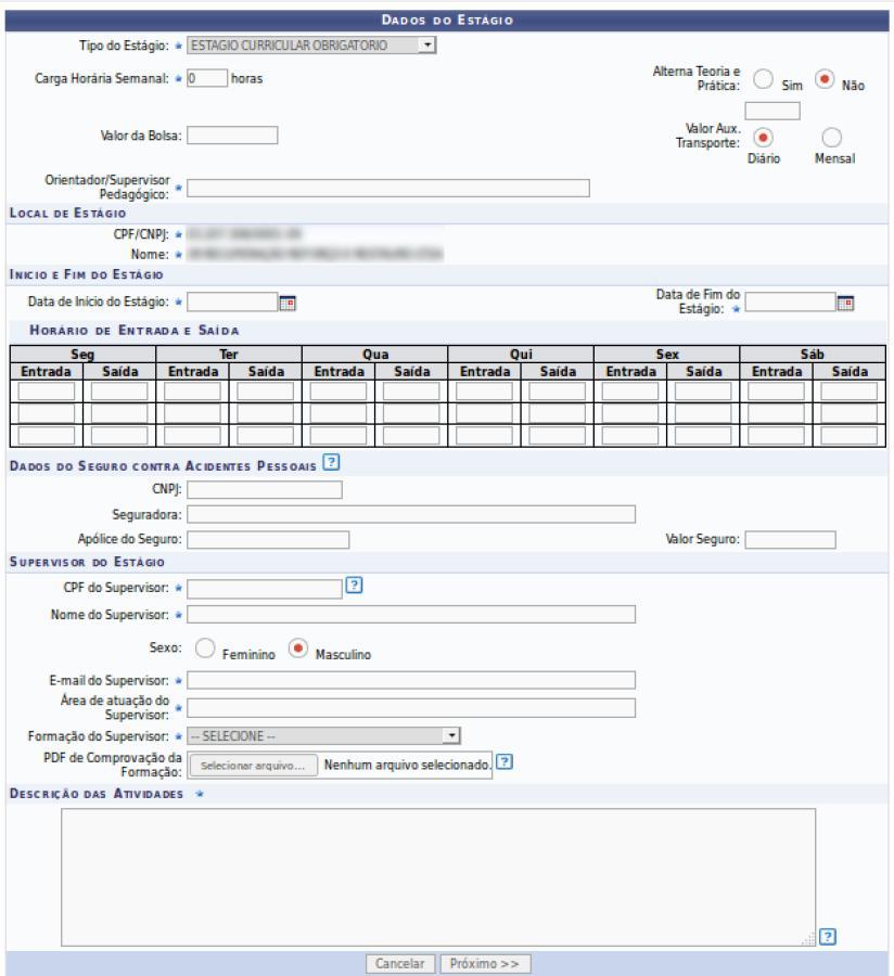 Nessa tela, o coordenador deverá inserir informações do estágio do aluno que dizem respeito à carga horária do estagiário, aos dados do supervisor técnico do estágio, e à descrição das atividades que