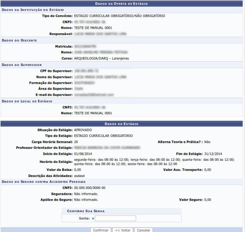 Para confirmar a inscrição, é exibido um resumo com todas as informações a respeito do Estágio.