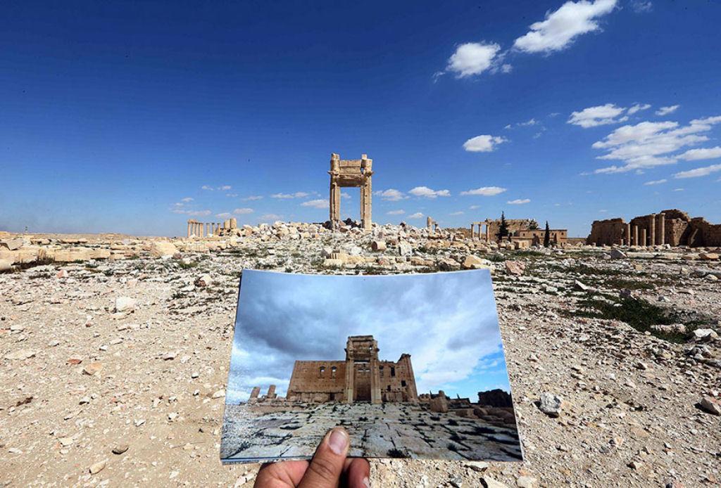 Figura 3 - O Templo de Bel em Palmira, antes e depois de ter sido destruído Fonte: http://www.mdig.com.br/index.php?
