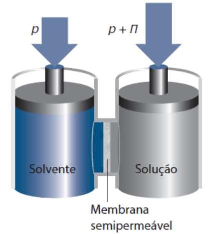 Osmose Passagem espontânea de um solvente puro para uma solução que está separada dele por uma membrana semipermeável (permeável ao solvente, mas não ao soluto.