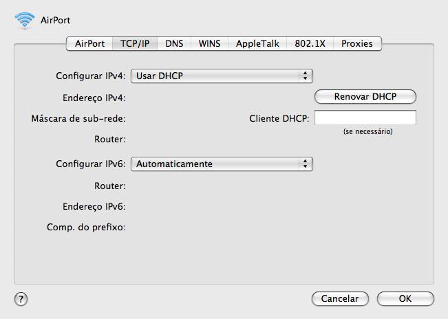 Seleccione, no lado esquerdo, Airport e clique no botão Avançadas. Aparecerá a secção para configurações TCP/IP da sua ligação sem fios. Clique no separador TCP/IP.