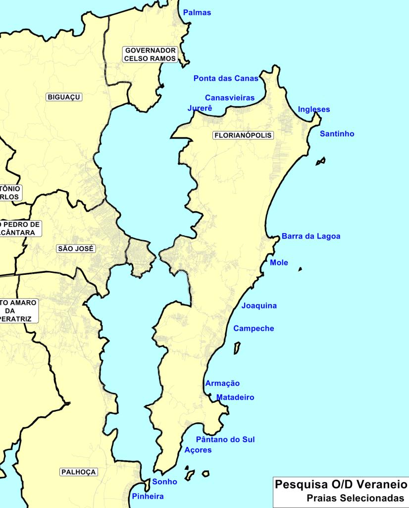 Figura 1 Mapa com a localização das praias selecionadas Foram realizadas 3.240 entrevistas em quatro dias de pesquisa, divididos em dois finais de semana.