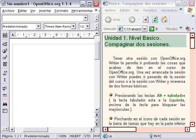 3.- Escoller a opción Mosaico Vertical ou Mosaico Horizontal, e aparecerá a pantalla dividida en dúas partes, unha co curso e outra con OpenOffice.org.