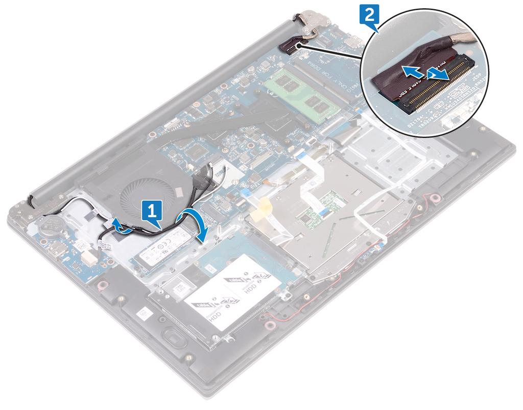 2 Levante a trava e desconecte o cabo da tela da placa de sistema. 3 Abra o monitor em um ângulo de 90 graus.