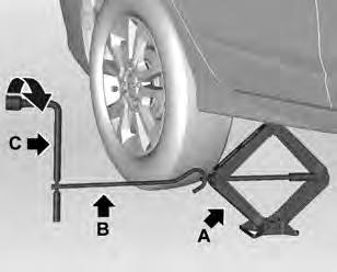 Conecte a chave de roda (C) e, com a alavanca (B) do macaco corretamente alinhado, gire-a até que o pneu se erga do chão. 4. Retire os parafusos da roda. 5. Troque a roda. 6.