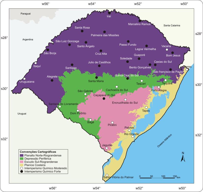 Figura 3: Distribuição geográfica do intemperismo químico forte e químico moderado nas unidades geomorfológicas do Rio Grande do Sul. Fonte: Adaptado de HOFFMANN et al. (1997).