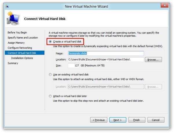 Connect Virtual Hard Disk Ao chegar neste campo, você vai precisar escolher entre três opções diferentes: Create a virtual hard disk: cria uma nova máquina virtual a partir de um arquivo ISO; Use an