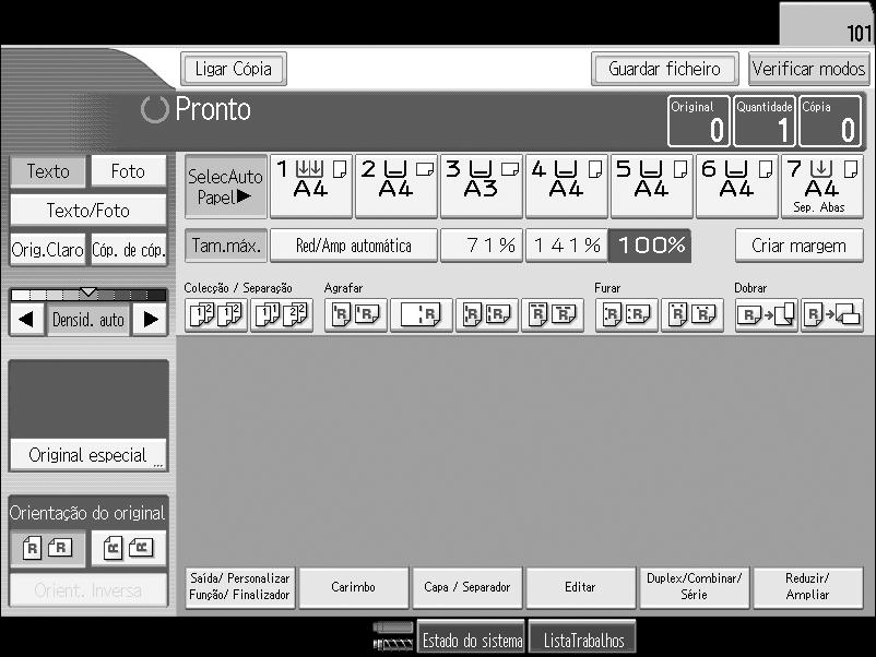 Ligar Cópia Painel de Visualização Ligar Cópia O painel do visor mostra o estado do equipamento, as mensagens de erro e os menus de funções. Visor inicial de cópia 3 PT APG05S 1.