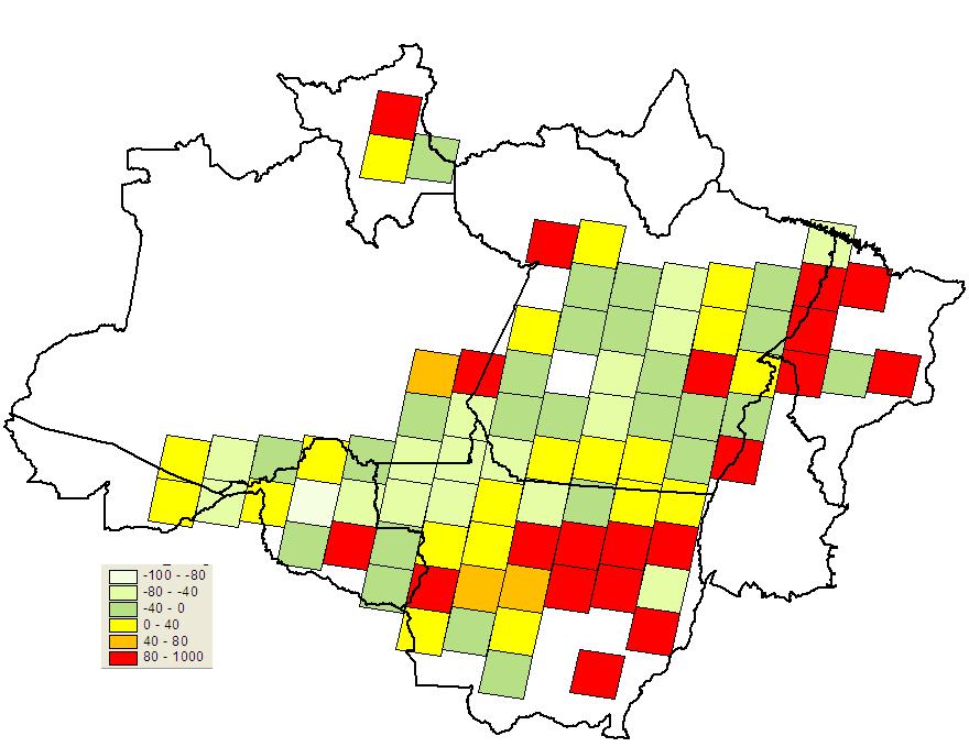 Figura 5.2 Variação relativa (%) entre o desmatamento encontrado nas 85 cenas em 2007 e 2008 A Figura 5.