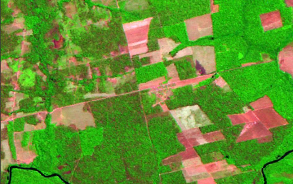 A) Composição colorida de dados LANDSAT (TM3-Azul,