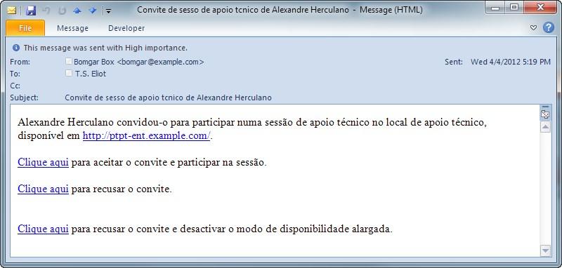 O aparelho também envia uma notificação por correio electrónico quando é convidado para uma sessão. Isto permite aderir a uma sessão mesmo que não esteja ligado actualmente à consola de apoio técnico.