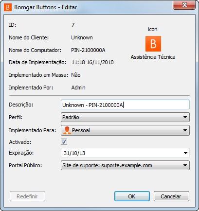 As estatísticas de utilização do Bomgar Button incluem: Campos estáticos: ID Nome do Cliente Nome do Computador Data de Implementação Implementado em Massa (Sim/Não) Implementado por (Nome de