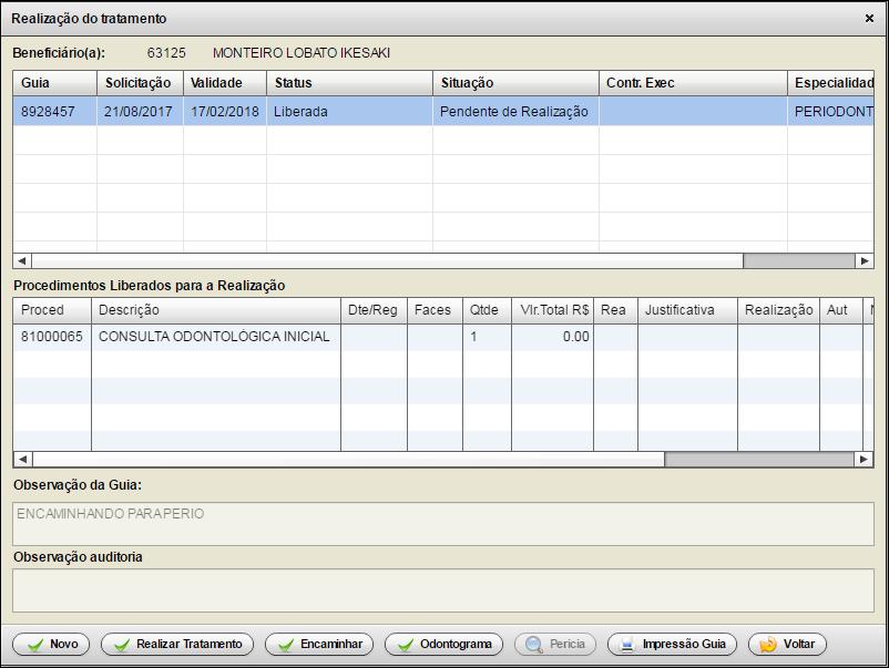 Tela 21: Realização do tratamento - guia encaminhada.