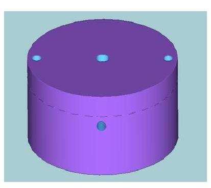 6 Representação da tampa do calorímetro com furo passante no centro A tampa também recebeu dois furos passantes de φ = 5,0 mm para fixação no calorímetro.
