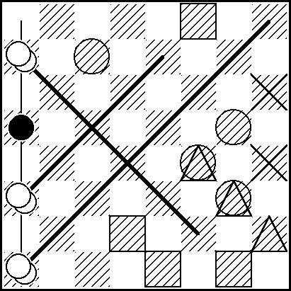 Dama preta em d8 1. a1-h8 d8-h4 (a única) 2. a7-f2 h4xe1 3. h8-c3 e1xb4 4. a5xc3. Também ganha com 1. a7-c5 d8-h4 2. a1-f6 h4xb4 3. a5xc3 e temos a mesma idéia de ganho do exemplo anterior.