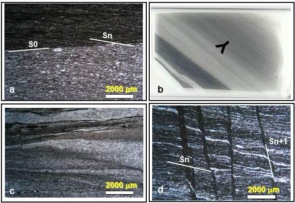 Foto 11 a, c e d: Fotomicrografias de metapelitos e metassiltitos; b: Imagem escaneada da lâmina delgada. a Contato brusco entre metapelito carbonoso e metapsamito definindo o acamamento S0.