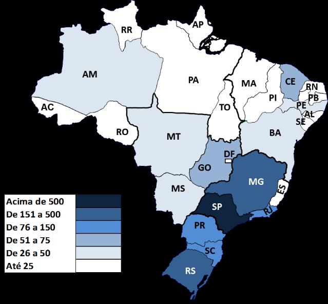O mapa abaixo ilustra a distribuição dos estabelecimentos industriais com mais de 500 empregados formais no Brasil.