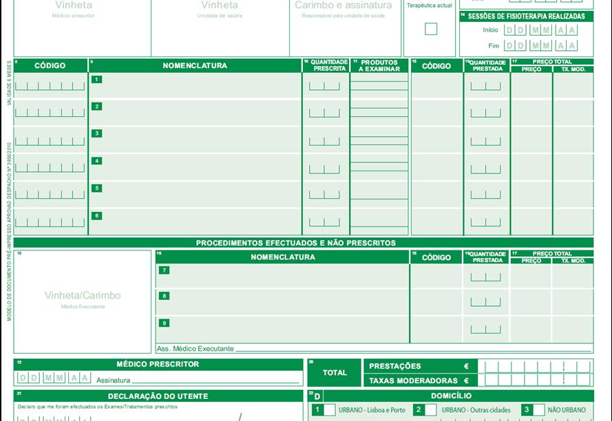 A Identificação do exame/tratamento, da quantidade prestada, do valor da prestação e da taxa moderadora aplicada (continuação) Na área M, existe a particularidade dos códigos de exames 719.