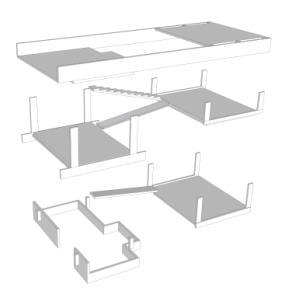 que as empenas laterais são apenas vedação, ficando a estrutura a cargo de uma viga que conecta os dois volumes. (Figura 4) Figura 4: Esquema estrutural - ( Casa em Tibau (2011).