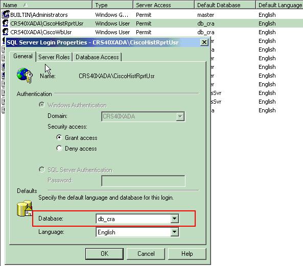 4. Vá à aba do acesso à base de dados e certifique-se de que o