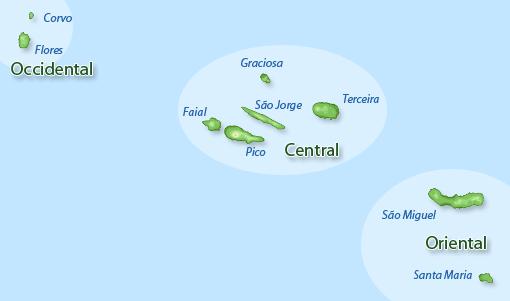 três grupos dependendo da sua localização: Grupo Oriental (ilhas de Santa Maria e S. Miguel), Grupo Central (ilhas Terceira, Graciosa, S.