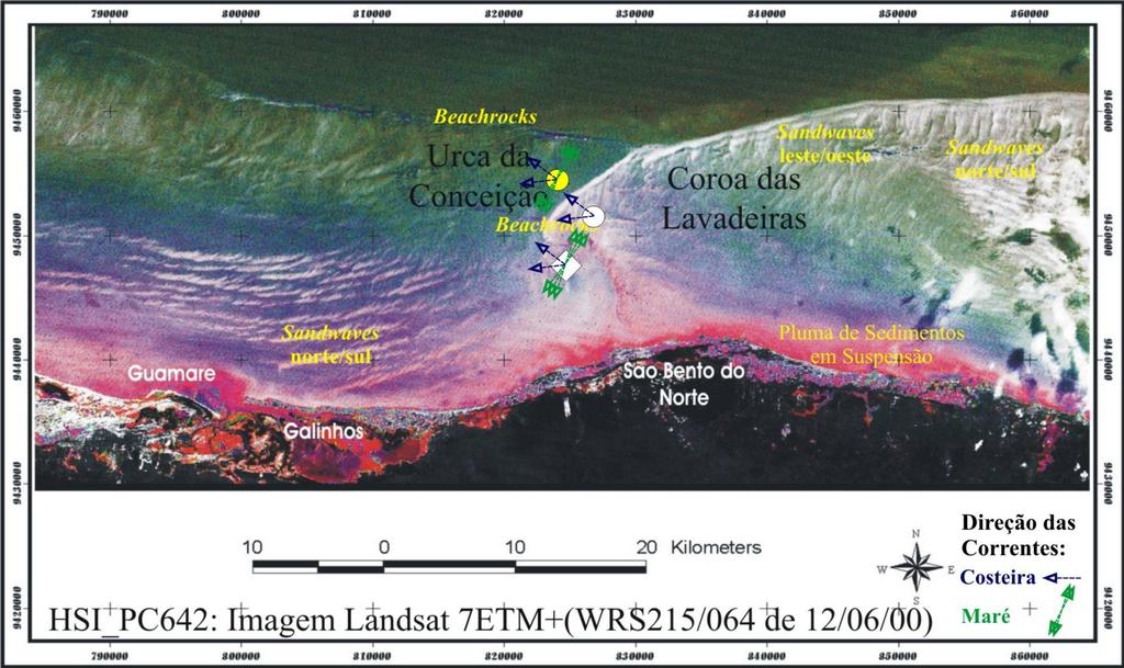Na porção leste da plataforma staca-se principalmente sandwaves segmentadas (Lima 2004) e linhas beachrock/recifes (Tabosa et al. Submetido).