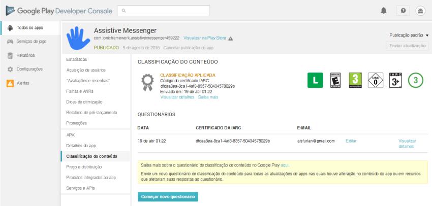 79 Figura 51: Classificação de conteúdo no Google Developer Console Fonte: Do autor Figura 52: Classificação de preço, anúncio e país no Google Developer Console