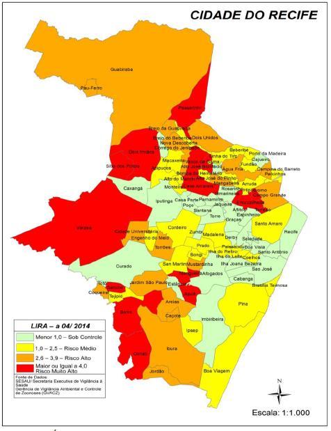 Figura 2 - Comparação entre os levantamentos do índice de infestação por Aedes aegypti (LIRAa) e notificações de dengue. Recife, 2014 (até a semana epidemiológica 34).