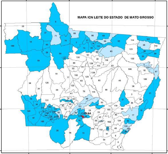 Figura 1. Municípios com os maiores índices de aglomeração na cadeia produtiva de leite em Mato Grosso, 20