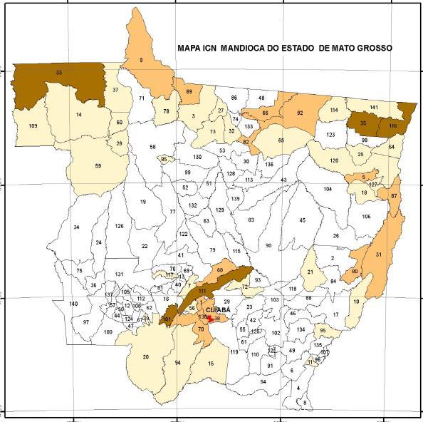 Figura 2. Municípios com maiores índices de aglomeração na cadeia produtiva de mandioca em Mato Grosso 2009 Fonte: Plano Plurianual 2012-2015 / SEPLAN-MT 5.3.