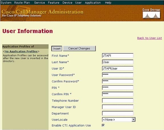 Caution: Quando você cria um usuário do CallManager da Cisco para o AutoAttendant do CallManager da Cisco, você deve verificar a caixa de verificação do uso do aplicativo CTI da possibilidade no