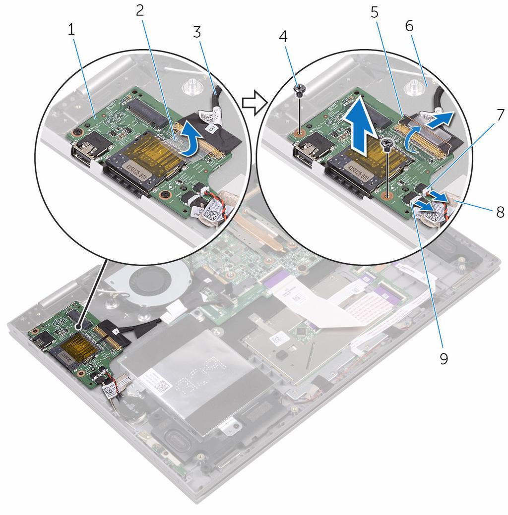 7 Levante e retire a placa de E/S do conjunto do apoio para as mãos.