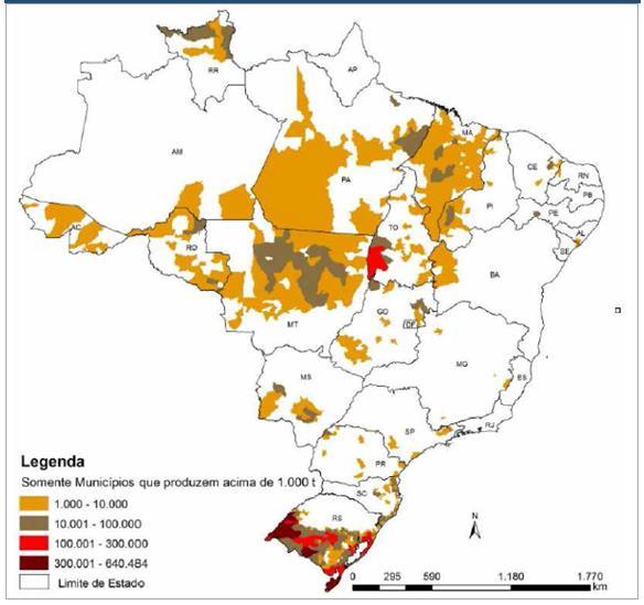 7.9 - Outras informações relevantes Mapa da produção agrícola de arroz Fonte: Conab Existem atualmente cerca de 18 mil orizicultores no Rio Grande do Sul de acordo com a Fedearroz.