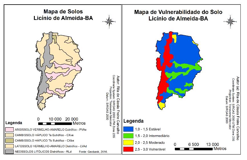 Para obter o mapa de vulnerabilidade a perda de solo do município elaborou-se mapas temáticos indicadores de vulnerabilidade: mapa de solos, mapa de chuva e classificação da cobertura vegetal e uso