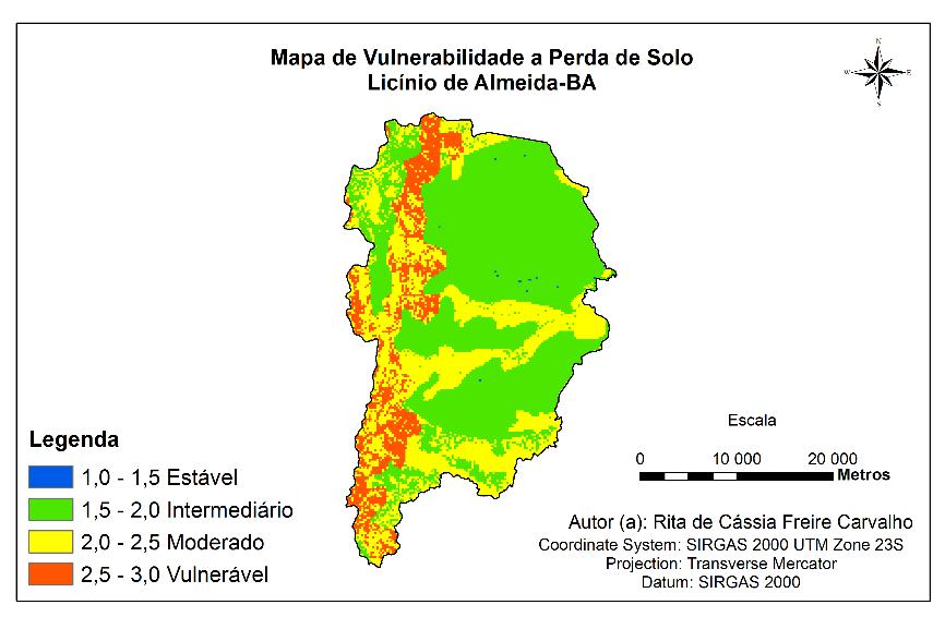 A presença de cobertura vegetal em alta densidade apresenta menores valores de vulnerabilidade, e uma maior intensidade de uso da terra são atribuídos valores maiores de susceptibilidade.
