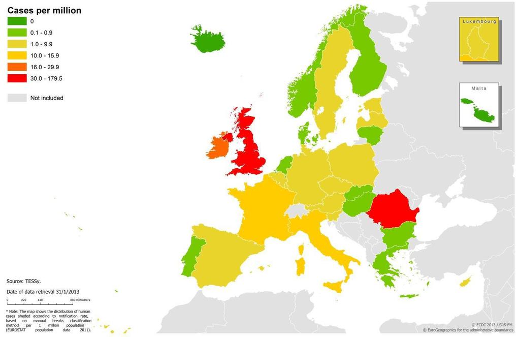 Figura 2 Taxa de incidência (casos notificados/milhão de habitantes) de sarampo nos países da União Europeia, Islândia, Lichtenstein e Noruega, em 2012, registados no Sistema Europeu de Vigilância