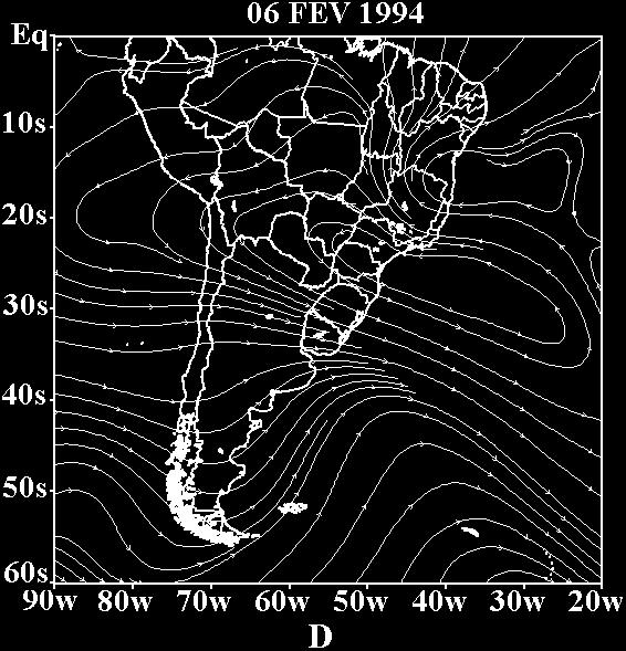 Figura 04. (A) e (B) Geopotencial para os dias 17 e 18 de março de 1967 as 18Z em Caraguatatuba e (C) e (D) para os dias 05 e 06 de fevereiro de 1994 as 18Z em Cubatão. Figura 05.
