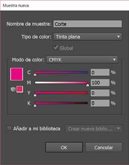 3 Em seguida, estabeleça a seguinte configuração: Nome da amostra: Corte Tipo de cor: Tinta plana Modelo de cor: CMYK Valores CMYK: 0, 100, 0, 0 Clique OK