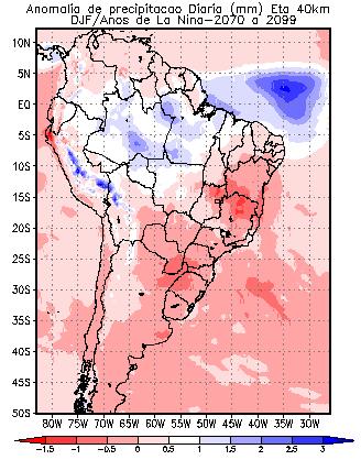 Figura III. Mapas de anomalia de precipitação média diária para os anos de 1960 a 1990 e de 2040 a 2070, segundo o modelo ETAHADCM40KM, para os meses de dezembro, janeiro e fevereiro.