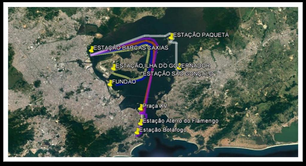 Figura 2 Mapa das barcas que sairão de Duque de Caxias em direção à Praça VX.